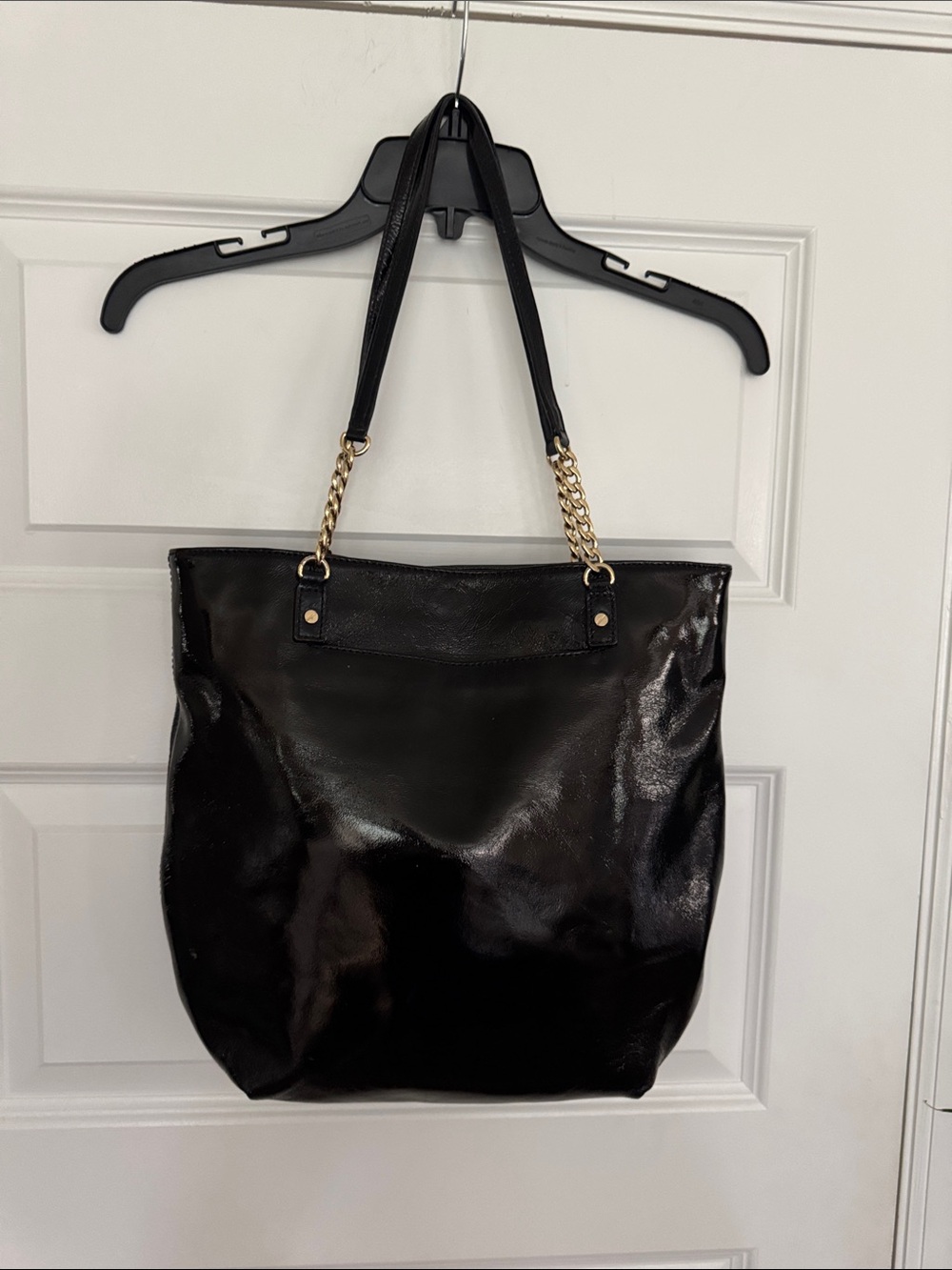 Michael Kors Classic Black Patent Tote Handbag with Gold Chain Straps DC